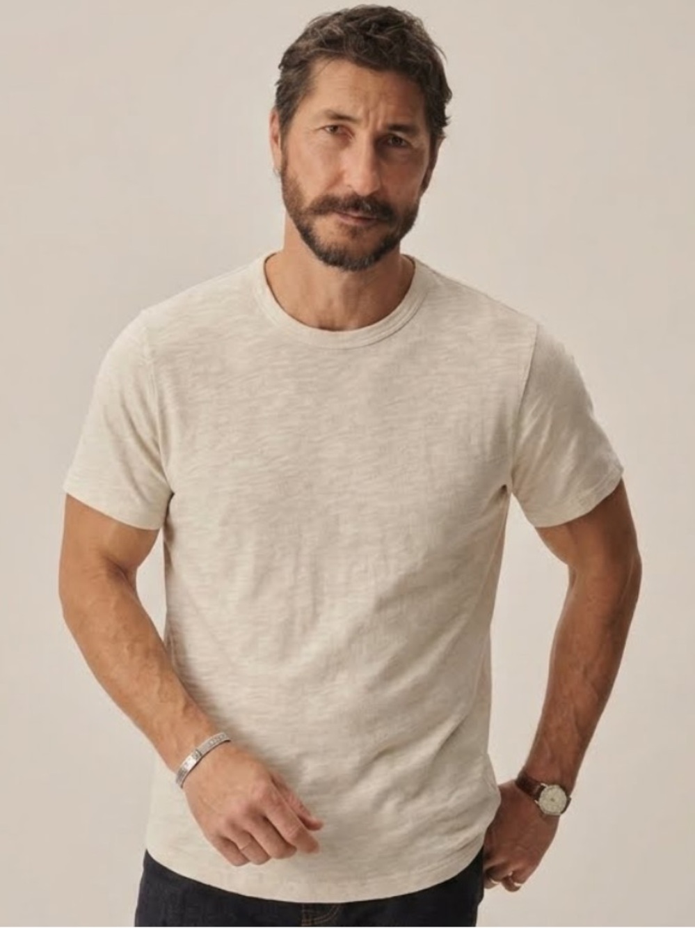 Buck Mason white sand Venice wash slub cotton curved hem tee size XL new flaw